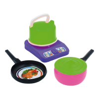  Janet Kitchen Set includes a kettle, a frying pan, a pot, a burner and an egg or corn.